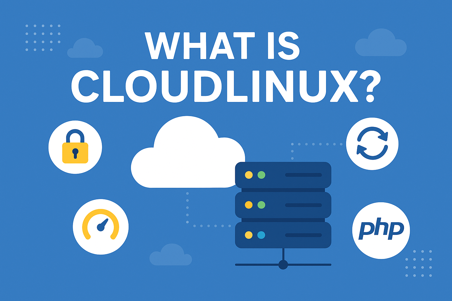 CloudLinux illustration showing secure hosting, speed, and PHP flexibility.