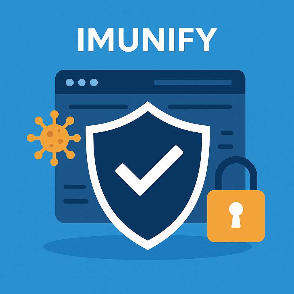 Imunify security illustration showing shield, lock, and website protection.