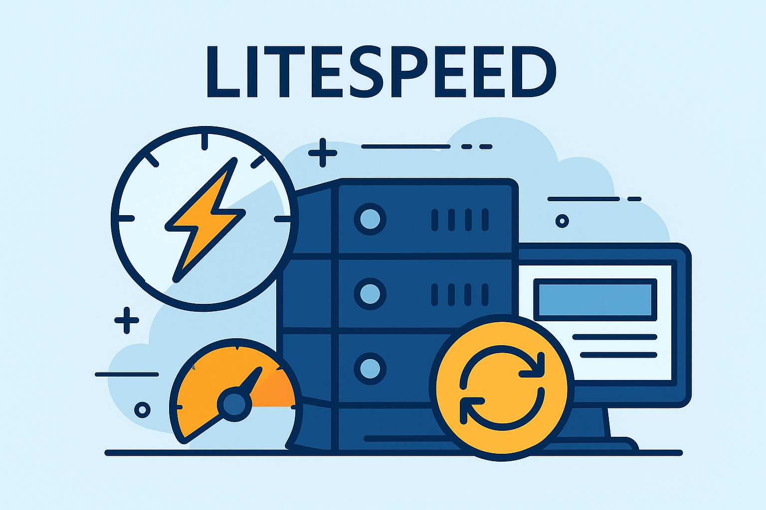 LiteSpeed server illustration showing fast website performance and caching.